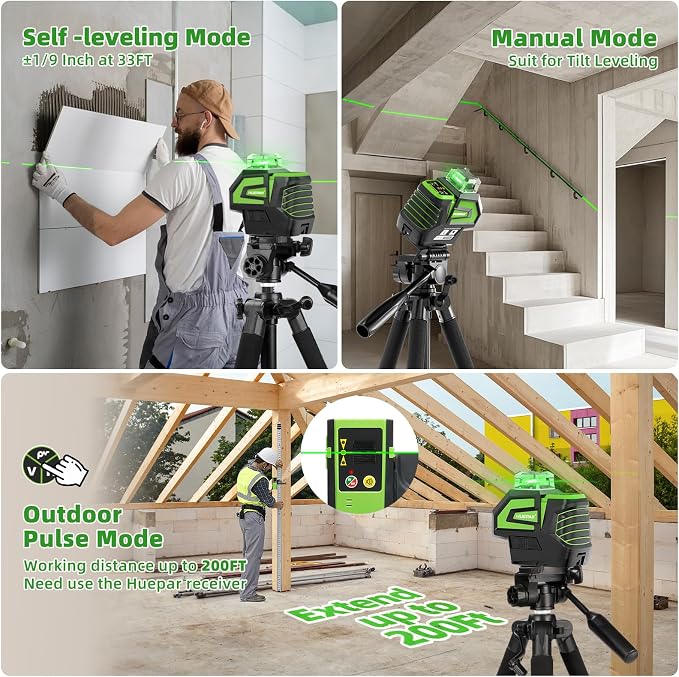 Huepar Self Leveling Laser Level Green Cross Line Laser Tool with 2 Plumb Dots, Fathers Days Dad Gifts-360° Horizontal Line&140° Vertical Level Laser with Up&Down Points -Magnetic Bracket&AA Batteries