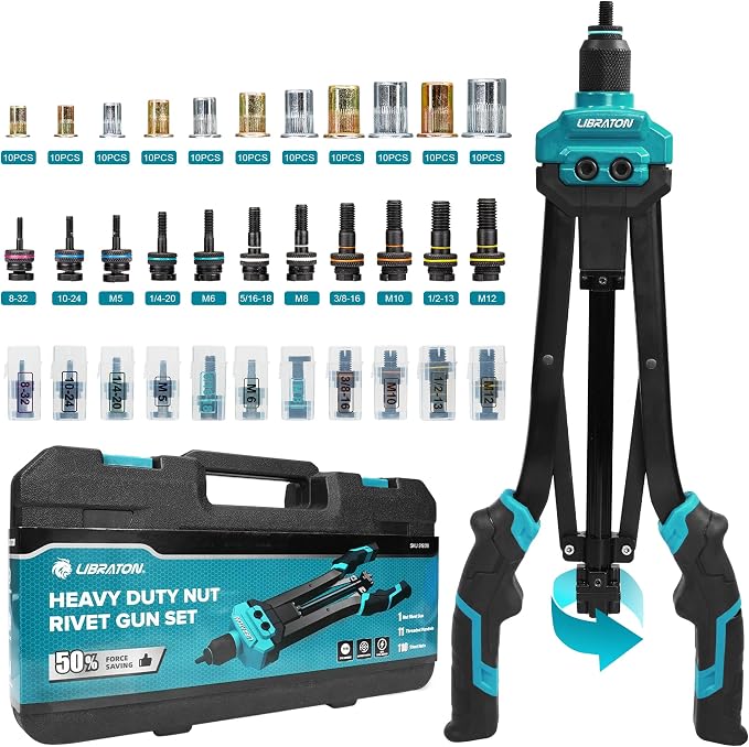 LIBRATON Rivet Nut Tool, 16" Rivnut Tool Kit, Hand Rivet Nut Tool kit with 11PCS Metric & SAE Interchangeable Mandrels, 110PCS Rivet Nuts, Carrying Case, Auto Release Nut Design