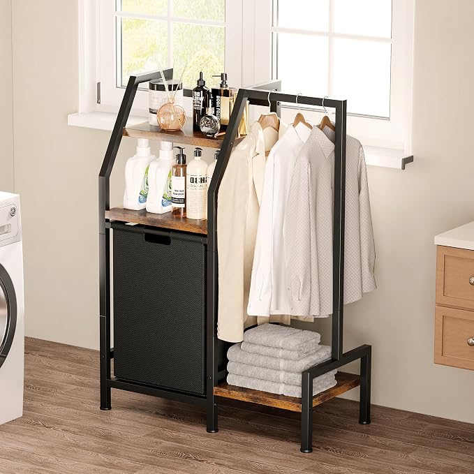 Laundry Hamper with Hanging Rack and 3 Shelves, Large Laundry Storage Basket, 3-in-1 Vertical Laundry Sorter, Laundry Room Organizer Storage for Small Spaces