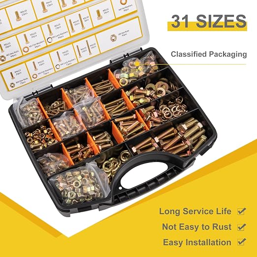 988pcs Grade 8.8 Metric Bolt Assortment, M4 M5 M6 M8 Heavy Duty Bolts and Nuts Kit, Yellow Zinc Plated, Length from 12-30mm