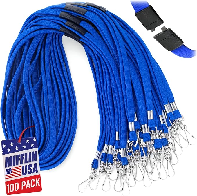 MIFFLIN-USA Flat Breakaway Safety Lanyard for ID Badges (Blue, 36 Inch, 100 Pack), Soft Woven Neck Line