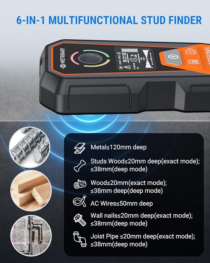 Stud Finder Wall Scanner, 6 in 1 Rechargeable Stud Finder Tool with LCD Display Sound Alarm Wood Beam Detector with Positioning Hole Locate Center and Edge of Metal AC Wires Studs Joist Pipe