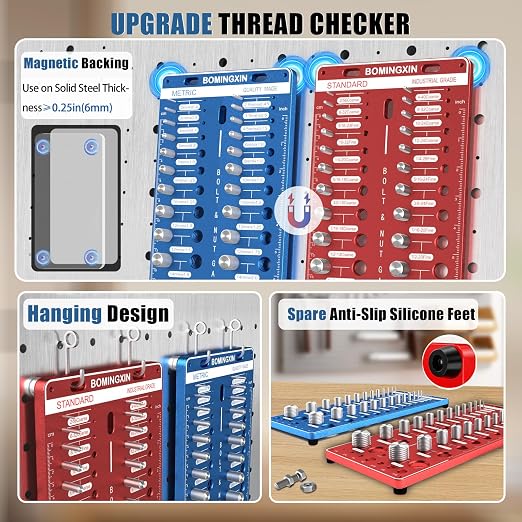 Upgrade Thread Checker, 70 Nut and Bolt Thread Checker with Magnetic Base & Wall-Mountable, Bolt Size Finder with 26 Standard & 26Metric & 18 Drill Bit Gauge, Bolt and Nut ldentifier Gauge