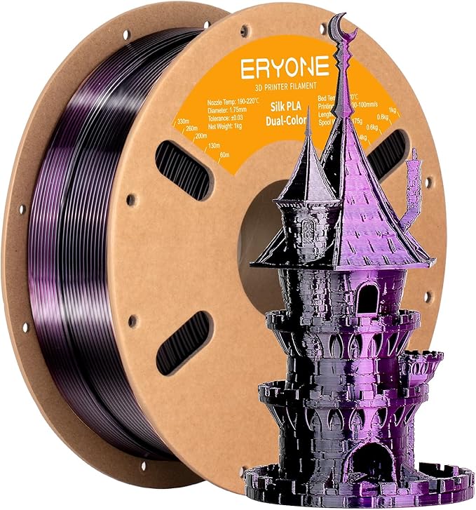 ERYONE Silk Dual Color PLA Filament 3D Printer 1.75mm +/- 0.03mm, Bicolor Filament Two Tone PLA 1KG(2.2lbs) Cardboard Spool, Black Purple