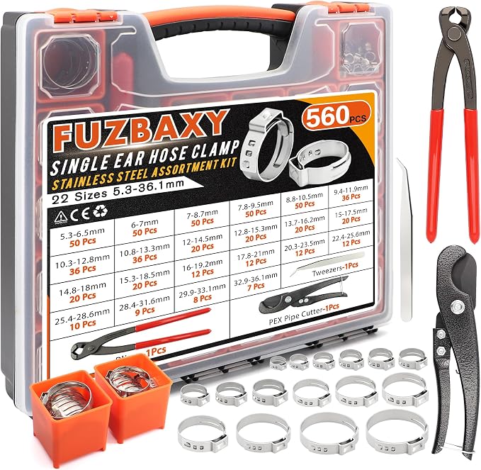 560PCS 304 Stainless Single Ear Hose Clamps Kit for PEX & Auto | 22 Sizes (5.3-36.1mm) with Pro Crimp Tool,360° Leak-Proof & Vibration-Resistant for Plumbing,Marine,and Fuel Lines