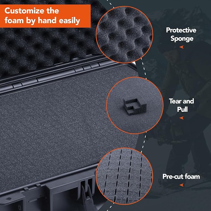 Lykus HC-4430 Waterproof Hard Case with Customizable Foam Insert, Interior Size 17.32x11.42x10.43 in, Suitable for camera, lens, drone, mic, flashlight, projector, electronics, tools, and more