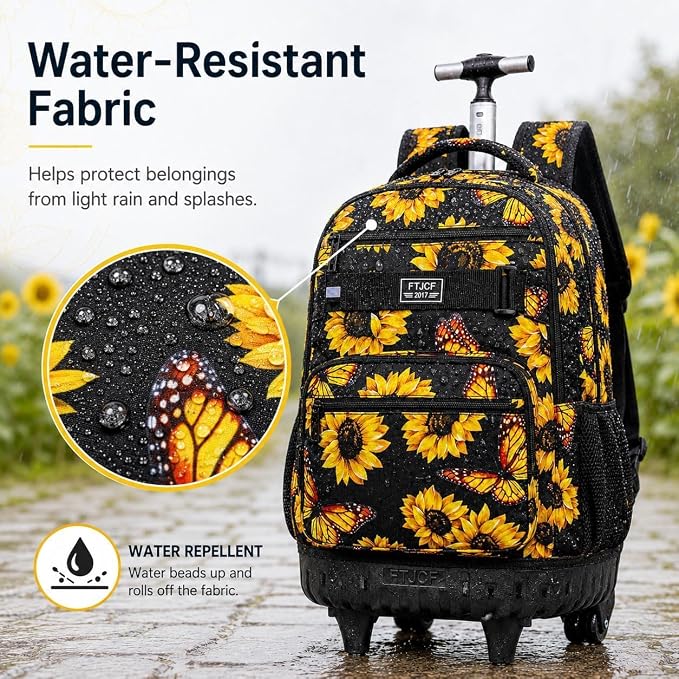 3Pcs Rolling Backpack for Girls Women, Travel Roller Backpacks with Wheels for Adults, Teens College Sunflower Wheeled Bookbag with Lunch Box(Yellow)
