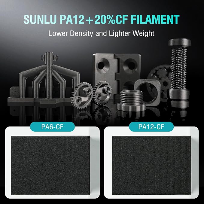 SUNLU PA12-CF Carbon Fiber Nylon Filament 1.75mm, 1KG (Black) | High Precision Engineering Filament with Excellent Wear & Oil Resistance, ±0.02mm Accuracy, Heat-Resistant Spool