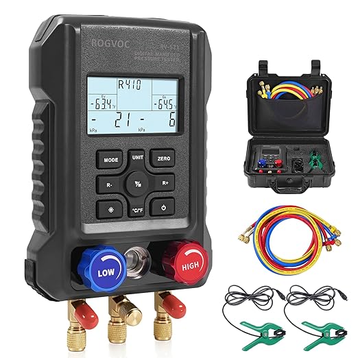 Digital Manifold Gauge, HVAC Refrigerants Digital AC Gauges Set with 2 Thermometer Clamps and 3 Hoses, for R22/R410A/R134A/1234YF Refrigerant Recharge Kit