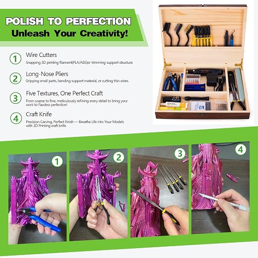 3D Printing Tool Kit with Storage Wooden Boxes, 3D Printer Accessories - Deburring Tool, 3D Printer Removing Scrapers,Trimming Tools,Smoothing Tools, Hand Drill for Bambu Lab, Ender 3, Kobra, etc.