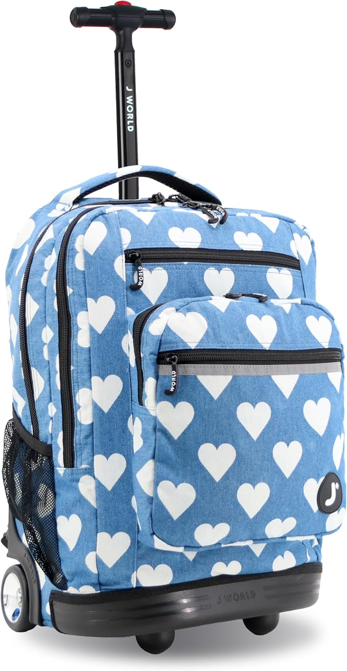 J World Sundance Laptop Rolling Backpack for Girls Boys. Roller Bookbag with Wheels, 20 Inch, Demim Heart