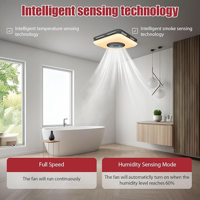 Bathroom Exhaust Fan with Bluetooth Speaker, Bathroom Fan Light, 230 CFM 1.0 Sone, Strong Wind Force & Very Quiet, Noise-cancelling Bluetooth speakers, 7 color dynamic lighting, Play Easy Install