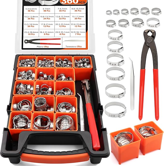 360Pcs 304 Stainless Single Ear Hose Clamp Kit with Pliers for PEX & Auto | 16 Size Leak-Proof Oetiker Style Crimp Clamps,Rustproof 304 SS for Fuel Lines, Marine & Home Plumbing,Stop Leaks Forever