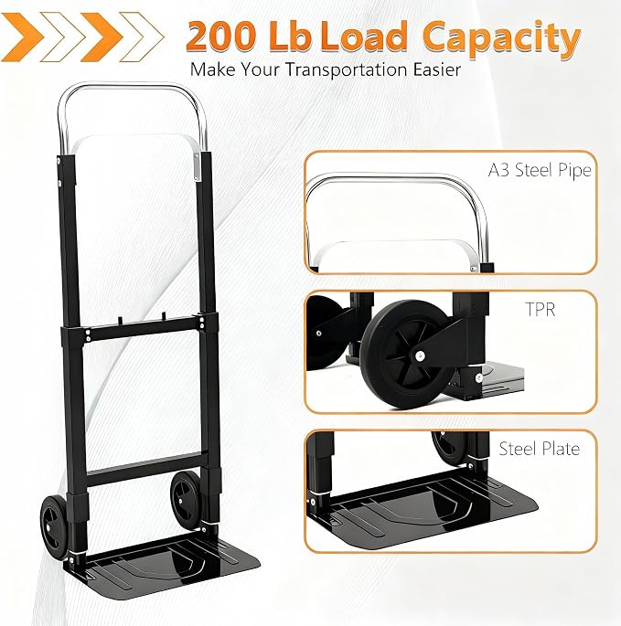 Convertible Dolly Cart with Wheels, Foldable Hand Truck Dolly, 200 lb Heavy Duty 2 in 1 Utility Cart with Adjustable Handle and Bungee Cords for Moving, Home, Office, Shopping and Travel
