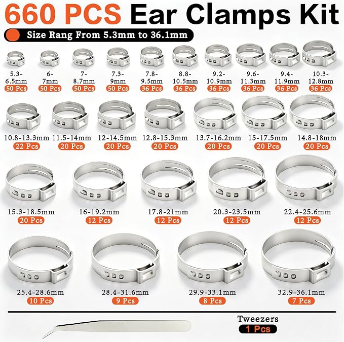 660Pcs Complete Ear Hose Clamps Assortment Kit 304 Stainless Steel 26 Size(5.3-36.1mm) Cinch Crimp Hose Clamp Stepless Pinch Clamp with Tools for Plumbing/Garden/Automotive/Water Pipe/Radiator Pipe