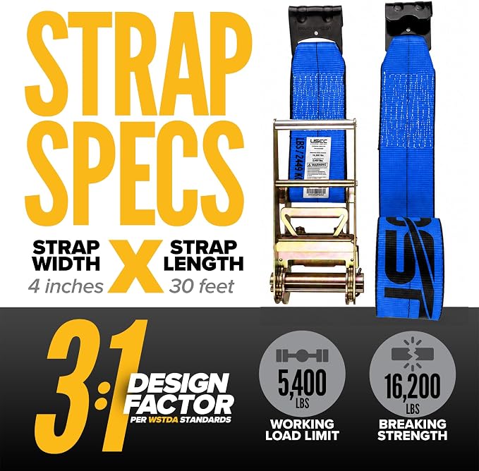 US Cargo Control Flat Hook Ratchet Straps 4” x 30’ (2-Pack), 5,400 LBS Working Load Limit, Blue 4 Inch Ratchet Straps with Black Flat Hooks, Professional 4 Inch Straps for Flatbed Trailers