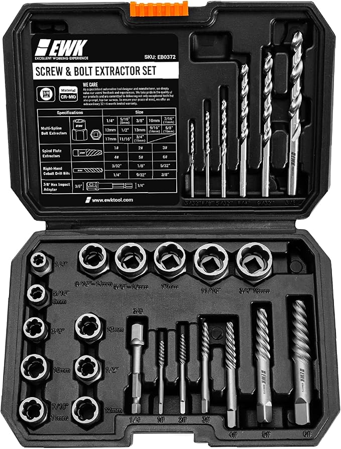 EWK 26-Piece Screw and Bolt Extractor Set, Spiral Screw Extractors, Twist Drill Bits, and Bolt Extractor Sockets for Stripped Screws, Broken Bolts, Rusted Fasteners, and Damaged Hex Heads