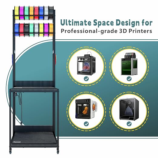 Heavy Duty PRT22 3D Printer Stand with Power Hub, High Density Polymer Vibration Damping Pads, Elevated Storage & Locking Wheels for Most Large Printers
