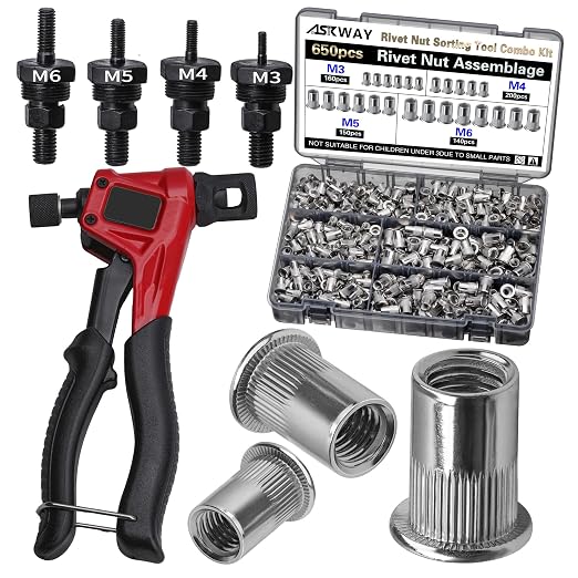 Stainless Steel Pressure Rivet Nut Tool Kit, 650PCS Metric Rivet Nut Combination (M6/M5/M4/M3), Suitable for Furniture, Decoration, Automotive, Marine and Industrial Applications