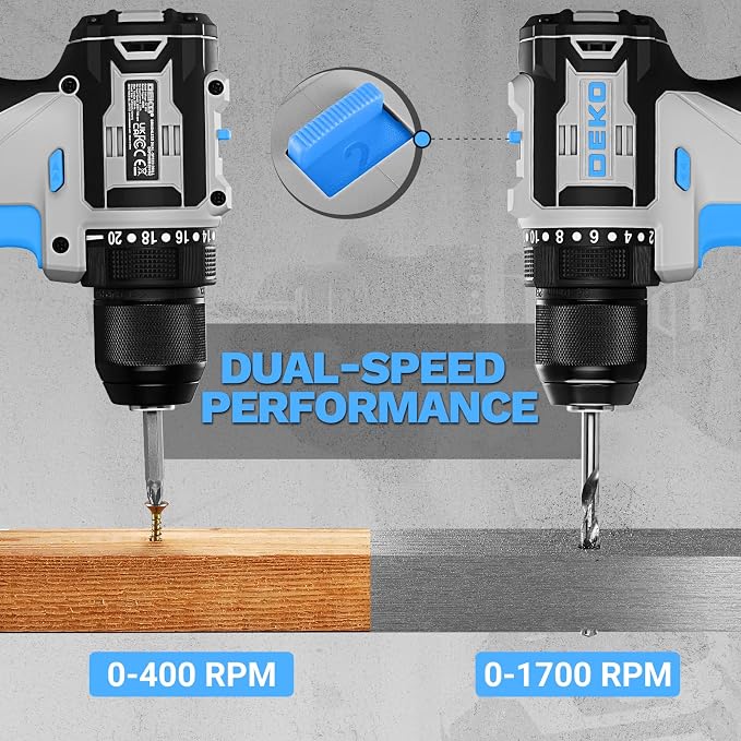 Cordless Drill & Impact Driver: DEKOPRO 20V Brushless Power Drill and 20V Brushless Impact Driver Set, Power Tool Set with 2 x 2.0Ah Batteries, Charger, Bag& 52 x Accessories-Blue