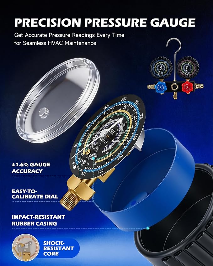 Orion Motor Tech 4 cfm AC Vacuum Pump and Gauge Set, Single-Stage AC Manifold Gauge Set with Vacuum Pump for R454B R1234yf R32 R410a System, Spark-Proof HVAC Vacuum Pump Kit with Overheat Protection