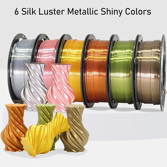 MIKA3D 6 Spools 1.75mm Silk PLA 3D Printer Filament Bundle, 6 Metallic Shiny Colors: Gold/Silver/Copper/Bronze/Coffee Gold/Rosegold, Each Spool 250g X 6 Spools, Total 1.5Kg 3D Printer Material