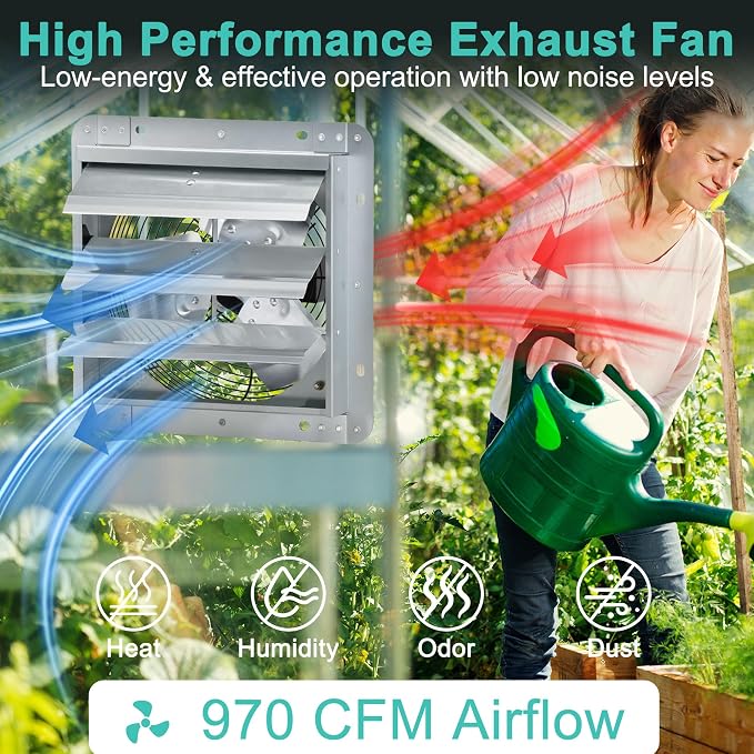12 Inch Shutter Exhaust Fan, Wall Mount Attic Fan with Power Cord for Greenhouses, Sheds, Garages, Chicken Coops, Barns Ventilation, 970 CFM