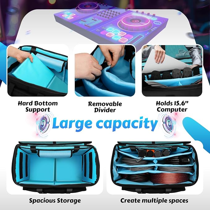 DJ Cable Bag, Rolling DJ Cable Bag with Detachable Trolley & Dividers | Large Capacity Gig Bag with Laptop Compartment, Professional Organizer Bag for Cables, Microphones, and DJ Equipment