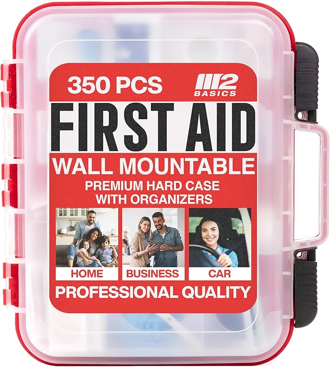 M2 BASICS 350 Piece Professional Wall-Mount First Aid Kit, Home, Business | Dual-Layer Hard Case, Office, Warehouse, Jobsite, Garage, Vehicle, Workplace Safety, Classroom And Emergency Readiness