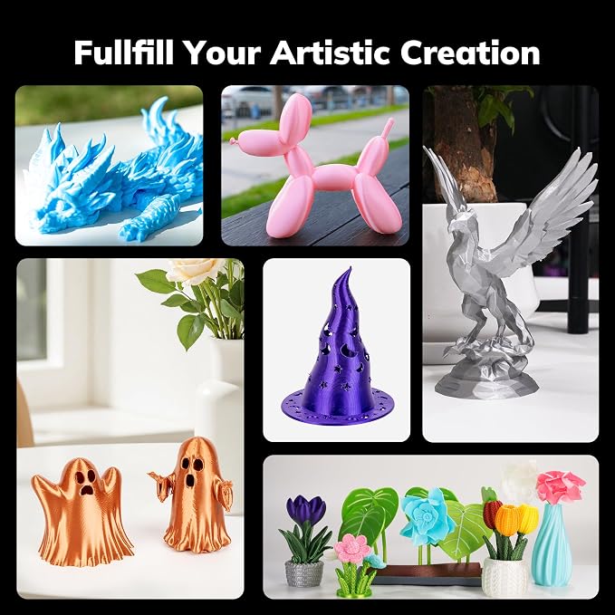 AMOLEN PLA 3D Printer Filament Silk PLA Filament 1.75mm Silk Filament Pack Black/Red Copper/Purple/Neon Green 3D Printing Filament Bundle for Holiday 3D Printing, 200gX 4 Spools