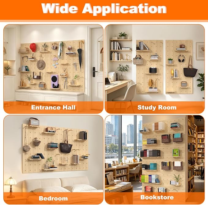 AMSXNOO Wood Pegboard Wall Organizer Panels, Wooden Pegboard Combination Wall Organizer Kit, Display Peg Board Panel Kits for Office Bedroom Livingroom Studyroom (Wooden Color, 31.5X47.2IN/80X120CM)