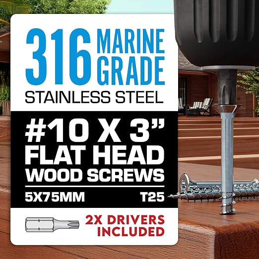 Allen's Trading Co. #10 x 3 Inch 316 Stainless Steel Screws Marine Grade (350 Pack, T25 Star) | Stainless Steel Wood Screws w/Driver Bit | High Corrosion Resistance for Coastal Construction