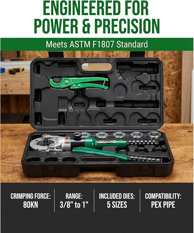 Pex Pipe Crimping Tool kit for 3/8,1/2,5/8,3/4,1-inch Copper Ring with Free Gauge Pex Pipe Cutter -Meet ASTM F1807 and Portable (SL-1632-F1807)