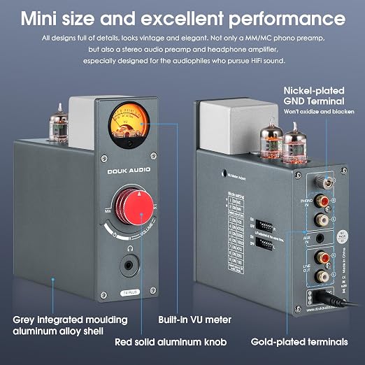 Douk Audio Tube Phono Preamp: HiFi MM/MC Turntable Preamplifier | Headphone Amp with AUX Input | VU Meter for Record Players, Vinyl Systems Audiophiles (T4 Plus)