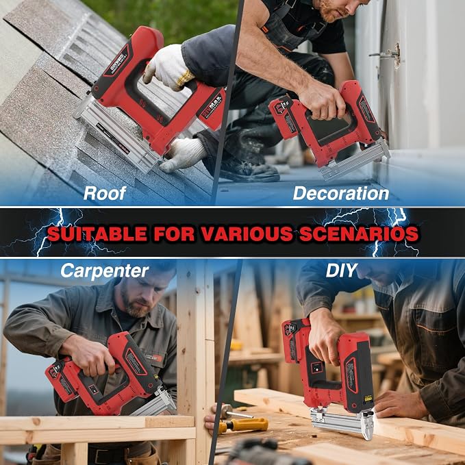 21V Cordless Nail Gun - 18 Gauge 2 in 1 Battery Powered Electric Brad Nailer with 2 x 4.0Ah Batteries & Charger & 1000 Nails & 1000 Staples for DIY & Home Improvement & Wood Working (Red)