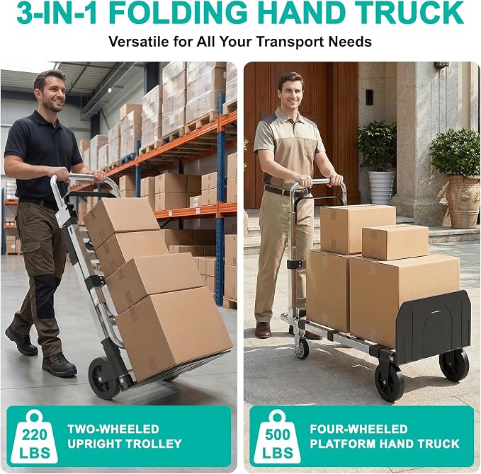 3 in 1 Aluminum Hand Truck Foldable, 500 lbs Convertible Dolly, Collapsible Dolly Cart with 4 Rubber Wheels, Portable Trolley with Retractable Handle for Moving/Office/Home/Warehouse(Black Silver)