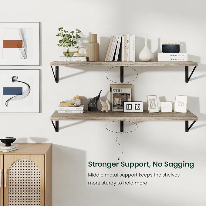 Floating Shelves 12 Inch Deep, 48W x 12D Wall Shelf Set of 2, 70 lbs Heavy Duty Reversible Metal Brackets, Deep Industrial Book Shelf for Living Room Kitchen Bath Bedroom Coffee Bar, Grey
