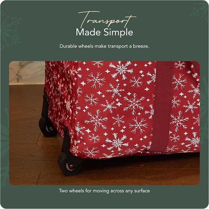 Covermates Keepsakes Rolling Treasurekeeper Storage Bag – Heavy-Duty Polyester with Dual Wheels & Handles – Protects Holiday Decorations with ID Window & Dual Zipper Access, Red Snowflake