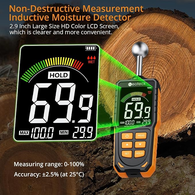 Neoteck Professional Measurement Kit: Spherical Inductive Pinless Moisture Meter & 2-in-1 Dual Probe 40mm Moisture Meter, LCD Display, USB Rechargeable, Audio Alarm for Wood, Wall, Concrete