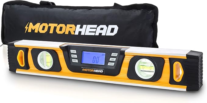 MOTORHEAD 16-Inch 0° - 180° SMART DIGITAL Level, LCD Screen, Audible Alerts, Water, Dust & Shock Resistant, Magnetic Bottom, Includes Bag, High-Visibility, Solid-Milled Aluminum, USA-Based Support | Audible Alerts, Water Dust & Shock Resistant, High-Vi...