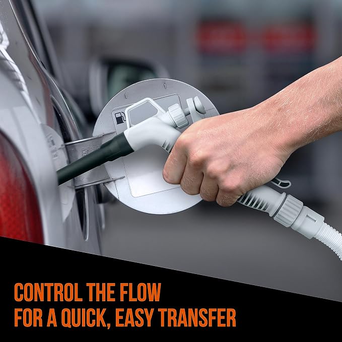 Deway Automatic Fuel Transfer Pump with Nozzle for Quick Flow Control & Stop, Extra Long Hose, Portable Liquid Pump for Gasoline, Diesel Fuel & More, 3 Included Adapter Fits All Size Gas Cans