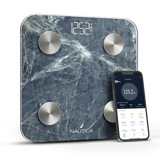Nautica Body Tracker Digital Bathroom Scale, Bluetooth-Enabled Smart Scale with BMI, Body Fat, Muscle Mass Tracking & More, Syncs with Smartphone App for Body Composition Tracking, 396 Lbs.