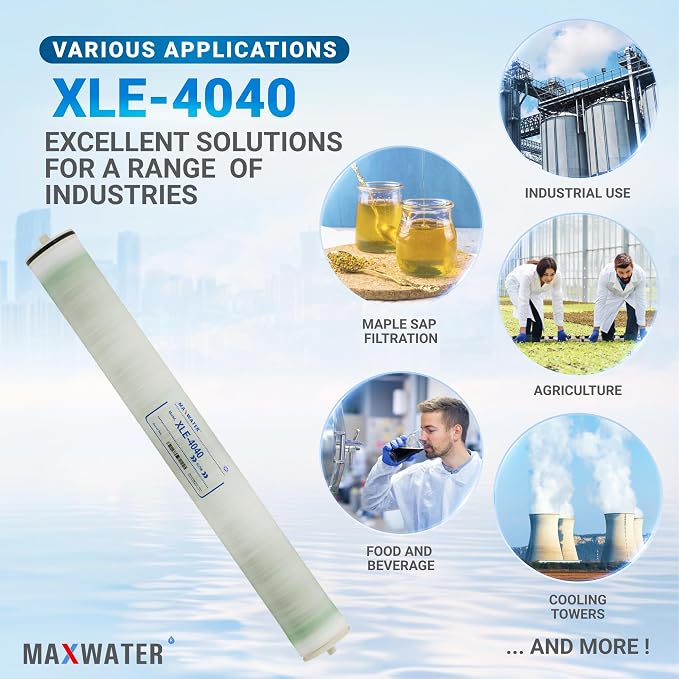 Max Water XLE-4040 Reverse Osmosis 4" x 40" RO Membrane, 2600 GPD | XLE 4040 For Water Purification Desalination Commercial, Industrial, Agricultural, Salt Rejection 99%