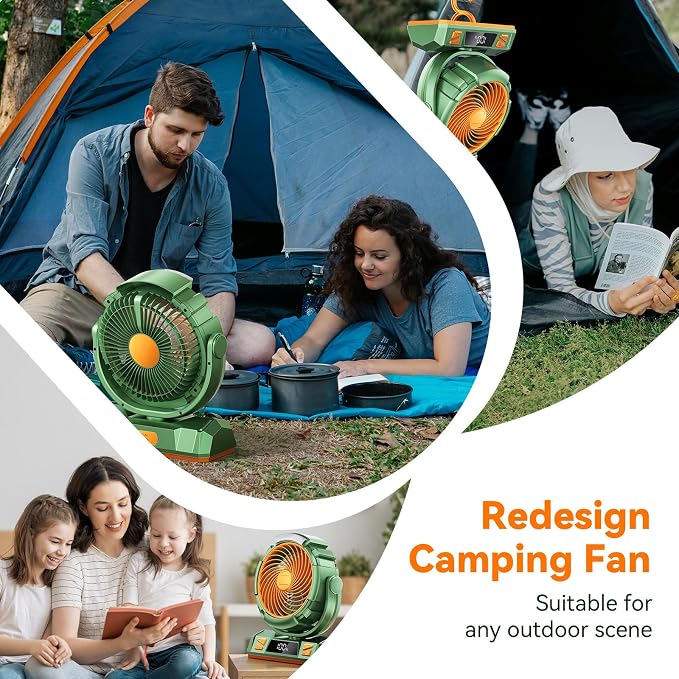 Camping LED Fan with Light, 40000mAh Rechargeable Battery Powered Outdoor Tent Fan with Light and Hook, 6 Speed, Personal USB Desk Fan for Camping, Fishing, Power Outage,Hurricane, Worksite
