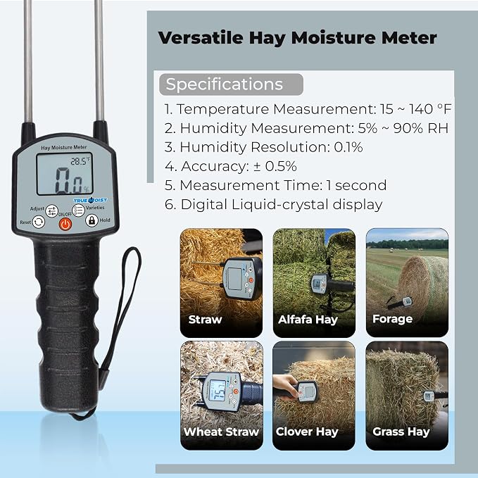 Digital Hay Moisture Meter Tester – TrueMoist™ Tech, Heavy‑Duty Probe for Hay, Alfalfa, Clover, Grass – Fast, Accurate Moisture Readings for Farming & Livestock