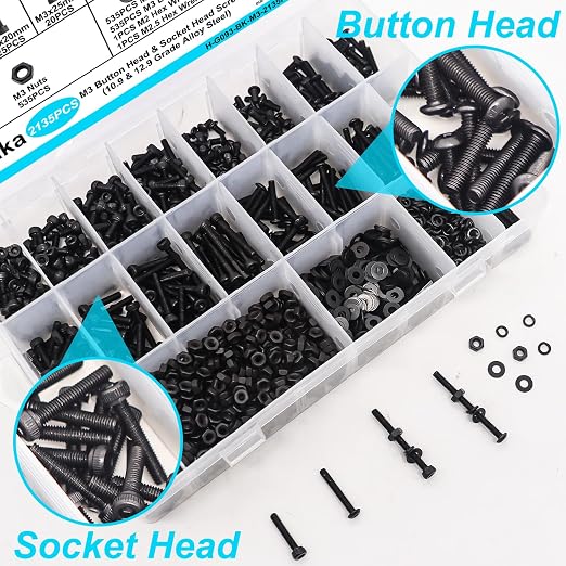 2135PCS M3 Screws Kit, M3x5/6/8/10/12/16/20/25/30/35mm Button Head and Socket Head Screws Bolts Nuts Washers Kit, 10.9 & 12.9 Grade Alloy Steel, Metric Bolts for 3D Printing