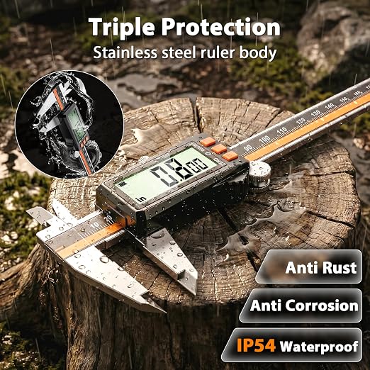 Preciva Digital Caliper 12", Rechargeable Stainless Steel Micrometer | Type-C charging, durable steel body, large LCD with auto-off saves power, in/mm/frac, for 3D-printing machining woodworking