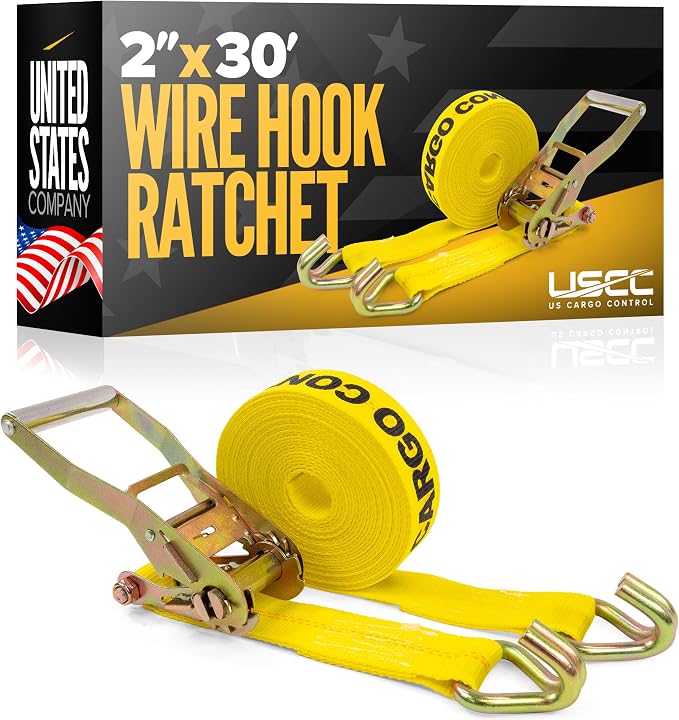 US Cargo Control Heavy Duty Ratchet Strap 2 Inch x 30 Foot, 10,000 LBS Break Strength, 2 Inch Ratchet Straps with J Hooks, Heavy Duty Tie Downs for Flatbed Trailers