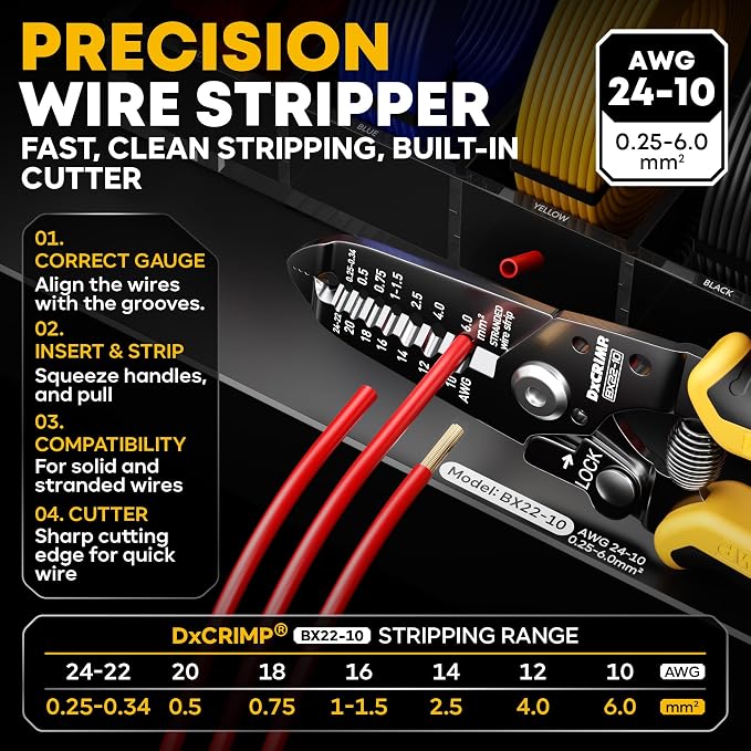 Crimping Tool Kit with Heat Shrink Connectors - 40 Types Heat Shrink & Solder Connector (24-10 AWG) - Waterproof Ring, Fork, Hook, Spade & Bullet Terminals & Wire Stripper for Auto Boat Wiring