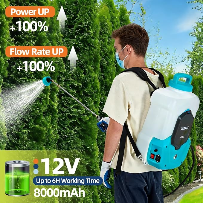 Garvee 4 Gallons Battery Powered Backpack Sprayer, 12V 8Ah Electric Sprayer with 6 Nozzles & 2 Wands, 4-6 Hour Runtime, 90PSI Adjustable Pressure, Trigger Lock, Yard Sprayers for Lawn and Garden